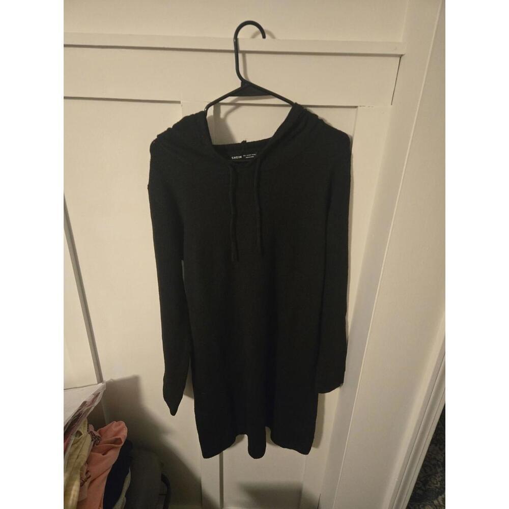 SHEIN Black Rib-Knit Hooded Sweater Dress Size L US 8/10